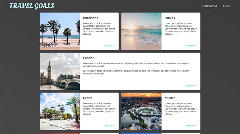 A website showing various travel destinations.